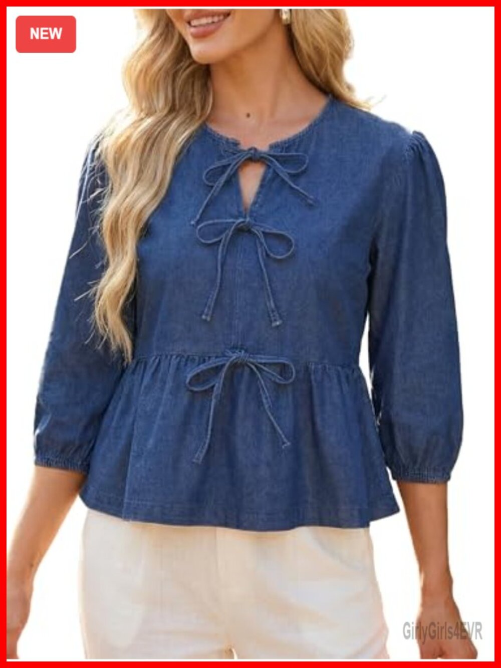 Tie Front Peplum Denim Top Puff Sleeve Babydoll Jean Blouse